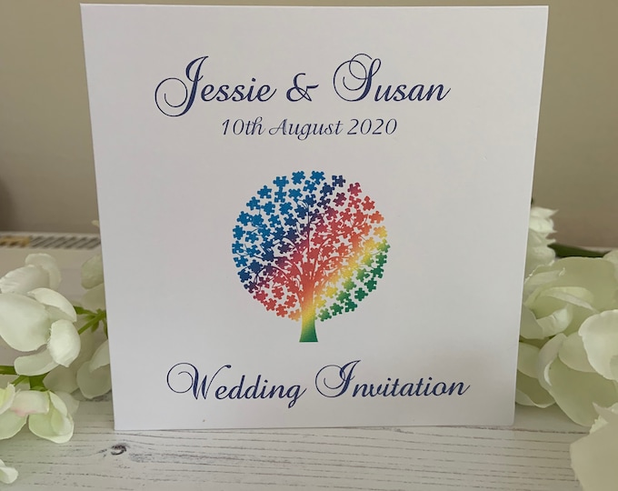 LGBT Wedding Invitations - Square Folded Card - Rainbow Puzzle Tree Design