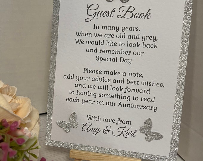 Wedding Guest Book Sign - Silver Butterflies - With or Without Easel Stand