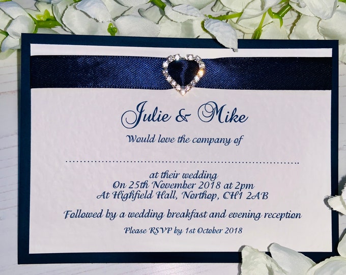 Wedding Invites - Ribbon and Diamante Heart Charm - Personalised with Envelopes - Navy