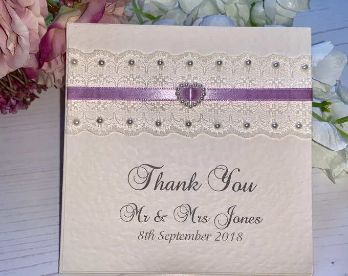 Wedding Thank You Cards - The Vintage Lace Collection - Lilac Ribbon with Pearl Heart Slider