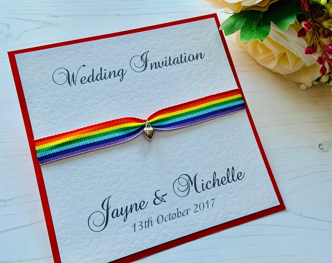 LGBT Wedding Invites - Rainbow Ribbon with Silver Heart Charm - with Envelope -Claret