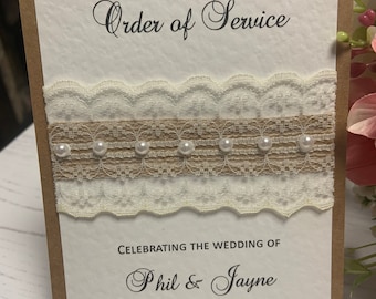 Order of Service - Rustic Design with Lace & Pearls - Personalised