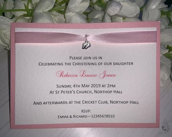 10 Christening/Naming Ceremony Invites - Girl - Baby Feet Charm - Flat Postcard Style - Handmade