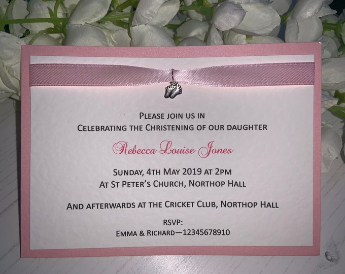 10 Christening/Naming Ceremony Invites - Girl - Baby Feet Charm - Flat Postcard Style - Handmade