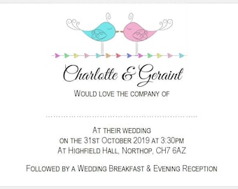 Wedding Invites - 2 Love Birds Design - Evening or Daytime