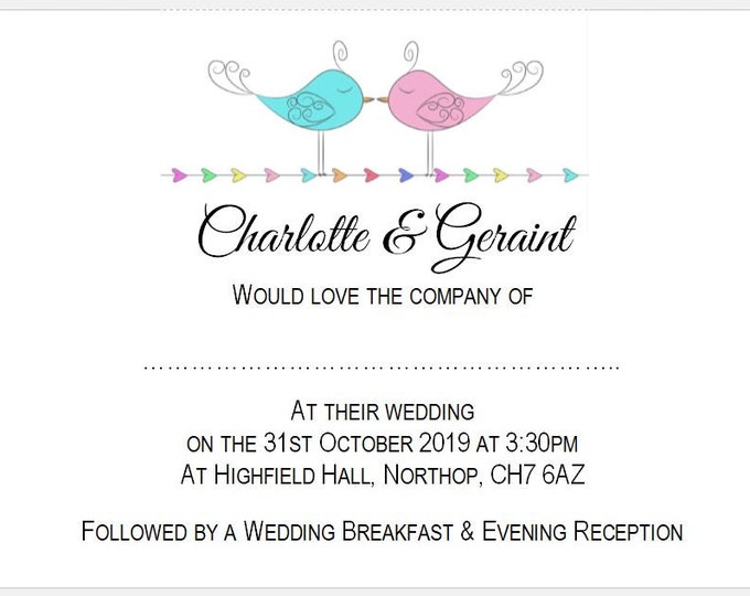 Wedding Invites - 2 Love Birds Design - Evening or Daytime