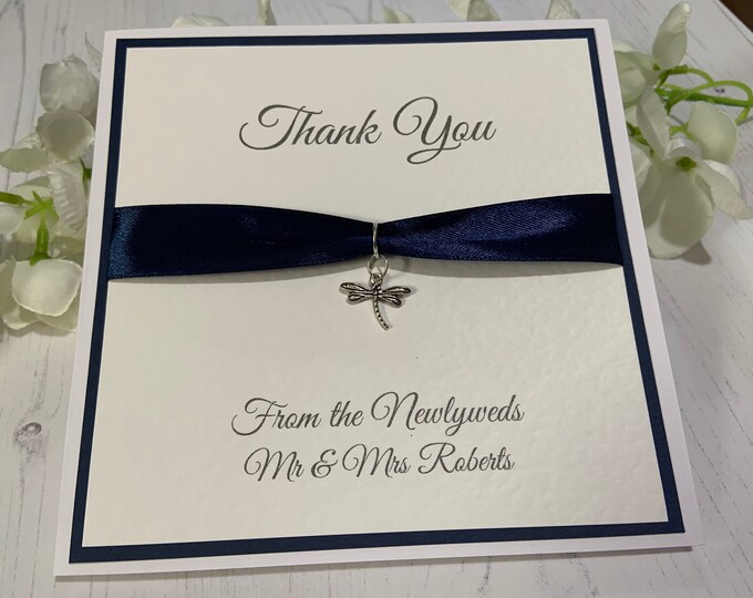 Wedding Thank You Cards -  Navy Ribbon & Dragonfly Charm