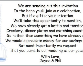 Wedding Poem Cards - Birdcage Design - Requesting Cash Toward Savings Pot instead of gift list - To Accompany Invites