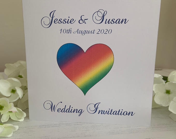 LGBT Wedding Invitations - Square Folded Card - Rainbow Heart Design