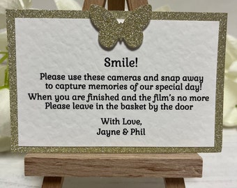 Personalised Wedding Disposable Camera Poem Cards with Gold Butterfly (Pack of 10)