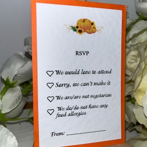 Karty RSVP - Dynia i Słoneczniki - Z kopertami lub bez - Karty towarzyszące zaproszeniom ślubnym - Pomarańczowe