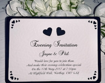 Wedding Invitations - A6 Postcard Style - Navy Hearts - Romantic Collection - Daytime or Evening