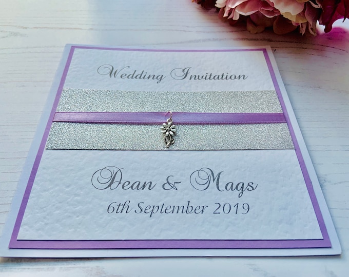 Wedding Invites - Lilac Ribbon with Silver Daisy Charm - Side Fold Card with Envelope
