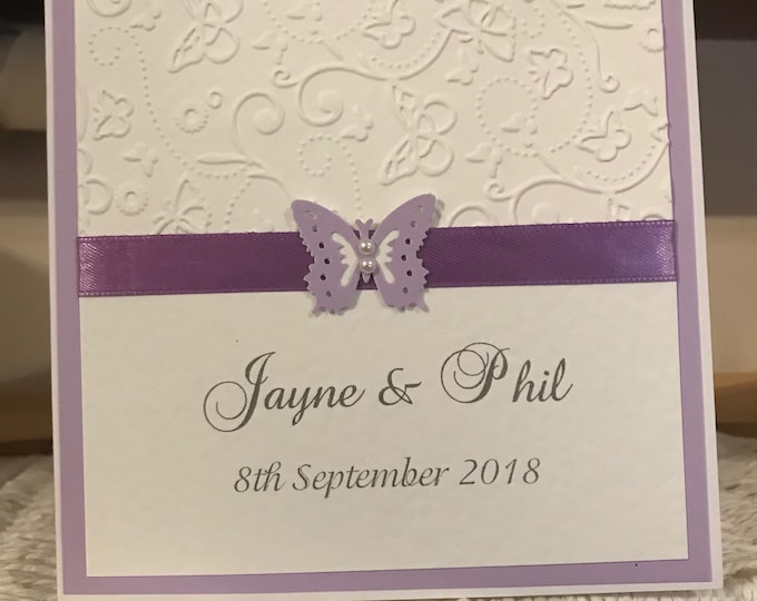 Wedding Invites - The Butterfly Collection - Embossed with Lilac Butterfly Embellishment and Matching Ribbon - Flat or Folded