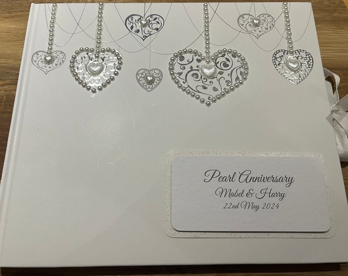 Pearl Anniversary Guest Book - Personalised - Hearts Design with Hand Decorated Pearls
