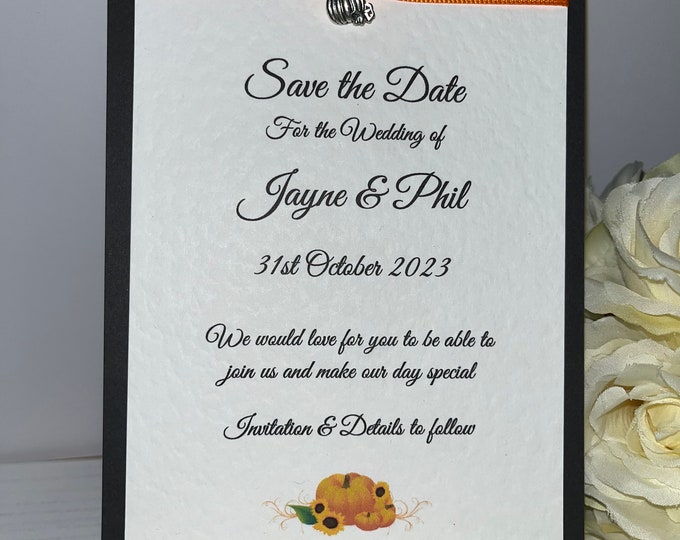 Pack of 10 Save the Date Wedding Cards - Sunflower & Pumpkin with Charm (Black)