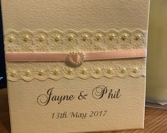 10 Wedding Invitations - Vintage Lace, Pearls, Ribbon & Heart Pearl Buckle - Ivory and Pink - Vintage Collection