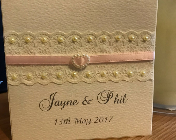 10 Wedding Invitations - Vintage Lace, Pearls, Ribbon & Heart Pearl Buckle - Ivory and Pink - Vintage Collection