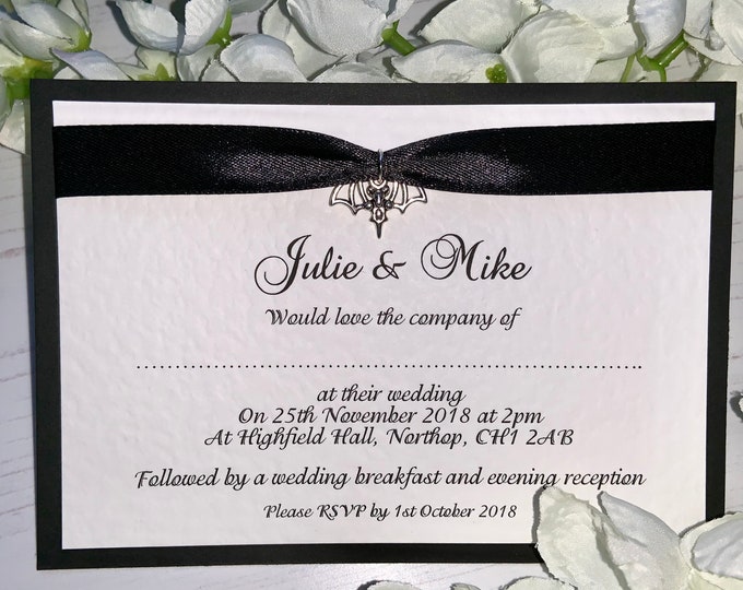 Wedding Invitations - A6 Postcard Style - Black & White  - Black Ribbon with Silver Bat Charm - Halloween/Gothic/Mythical/Dark