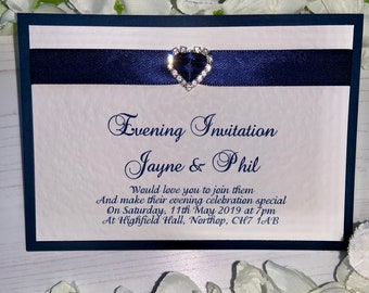 Evening Wedding Invites - Ribbon and Diamante Heart Charm - Personalised with Envelopes - Navy