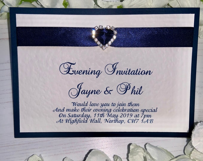 Evening Wedding Invites - Ribbon and Diamante Heart Charm - Personalised with Envelopes - Navy