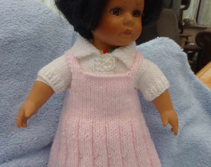 Handmade Knitted 2 Piece Baby Doll Pinafore Dress & White Polo Shirt to fit 12-14" in Pink