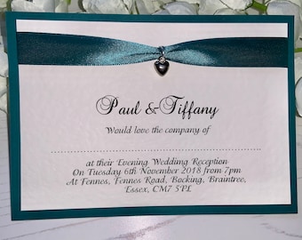 Wedding Invitations - A6 Postcard Style - Teal - Ribbon with Silver Heart Charm