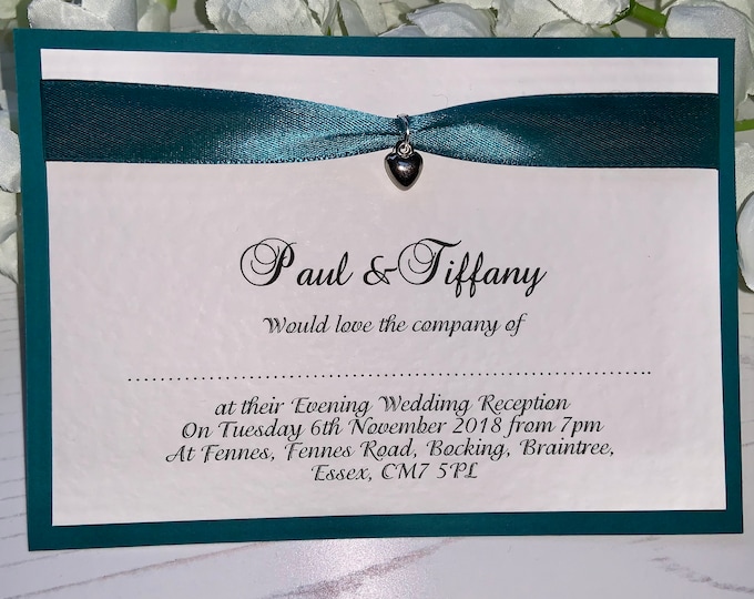 Wedding Invitations - A6 Postcard Style - Teal - Ribbon with Silver Heart Charm