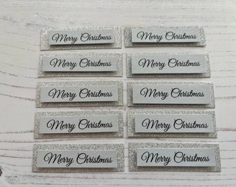 Set of 20 Handmade Silver Merry Christmas Sentiment Greetings Banners for Card Making, Scrapbooking, Crafting - DIY Card Embellishments