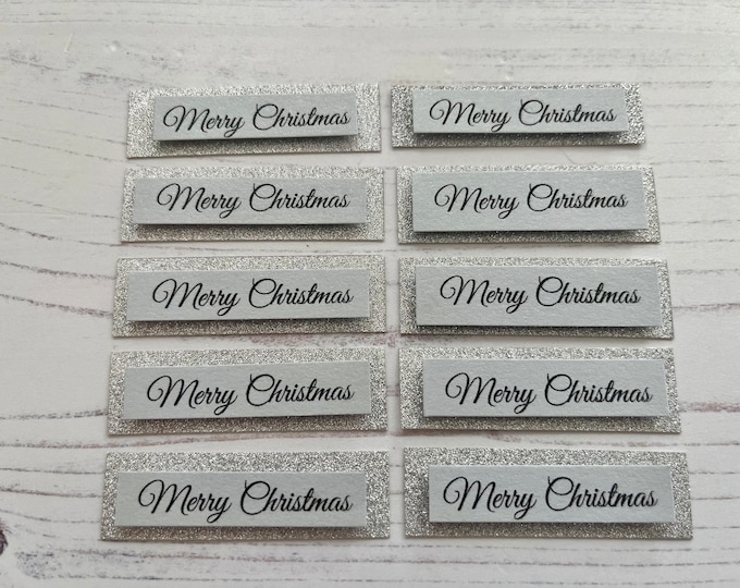 Set of 20 Handmade Silver Merry Christmas Sentiment Greetings Banners for Card Making, Scrapbooking, Crafting - DIY Card Embellishments