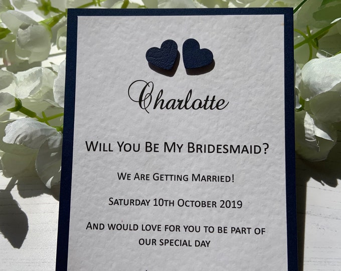 Will You Be My Bridesmaid - Handmade - Navy Hearts - Colours can be changed