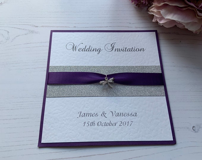 Wedding Invites - Purple Ribbon with Silver Dragonfly Charm - Side Fold Card with Envelope