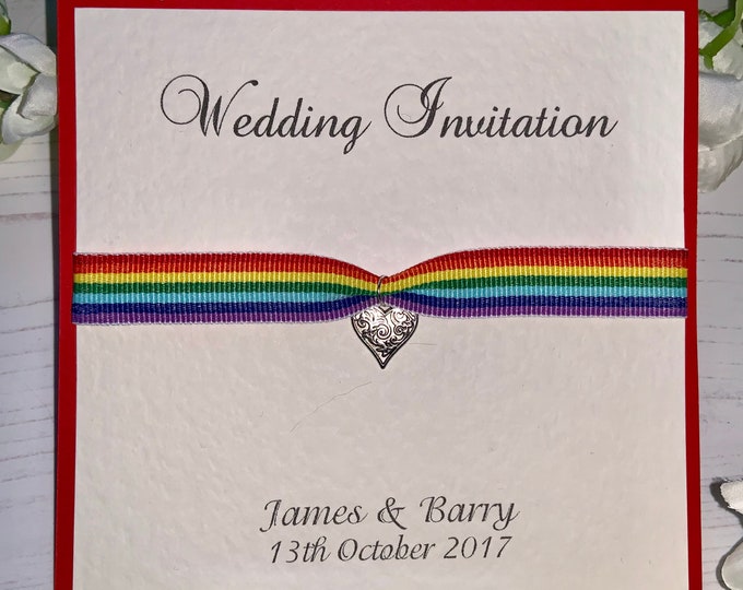 Pack of 10 LGBT Wedding Invites - Ribbon with Silver Pattern Heart Charm - Flat Double Sided Card with Envelope - Red