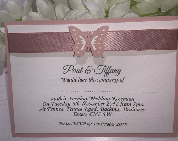 10 Wedding Invitations - A6 Postcard Style - Rose Gold Butterfly with Ribbon - The Butterfly Collection
