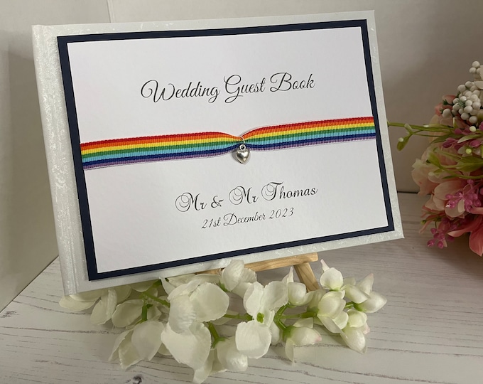 Wedding Guest Book - Personalised - Pride Ribbon with Heart Charm - Mr and Mrs, Mr and Mr, Mrs and Mrs. Other colours available