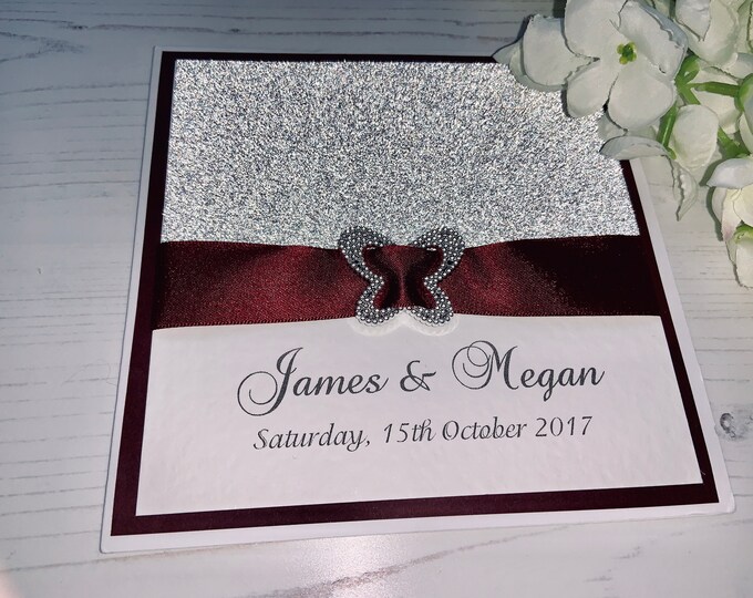 Wedding Invites - The Sparkly Collection - Silver Sparkly Card with Claret Ribbon with Butterfly Slider/Embellishment