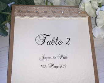 Table Number/Name  Cards - Rustic Style with Pearls, Lace & Hessian Band - Double Sided - Personalised