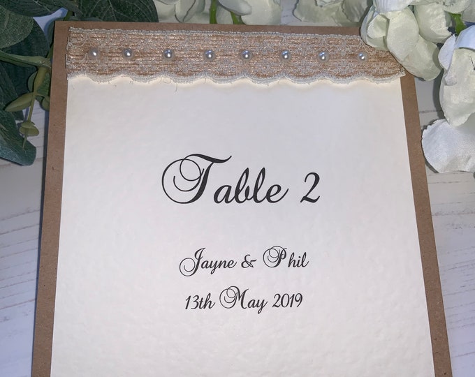 Table Number/Name  Cards - Rustic Style with Pearls, Lace & Hessian Band - Double Sided - Personalised