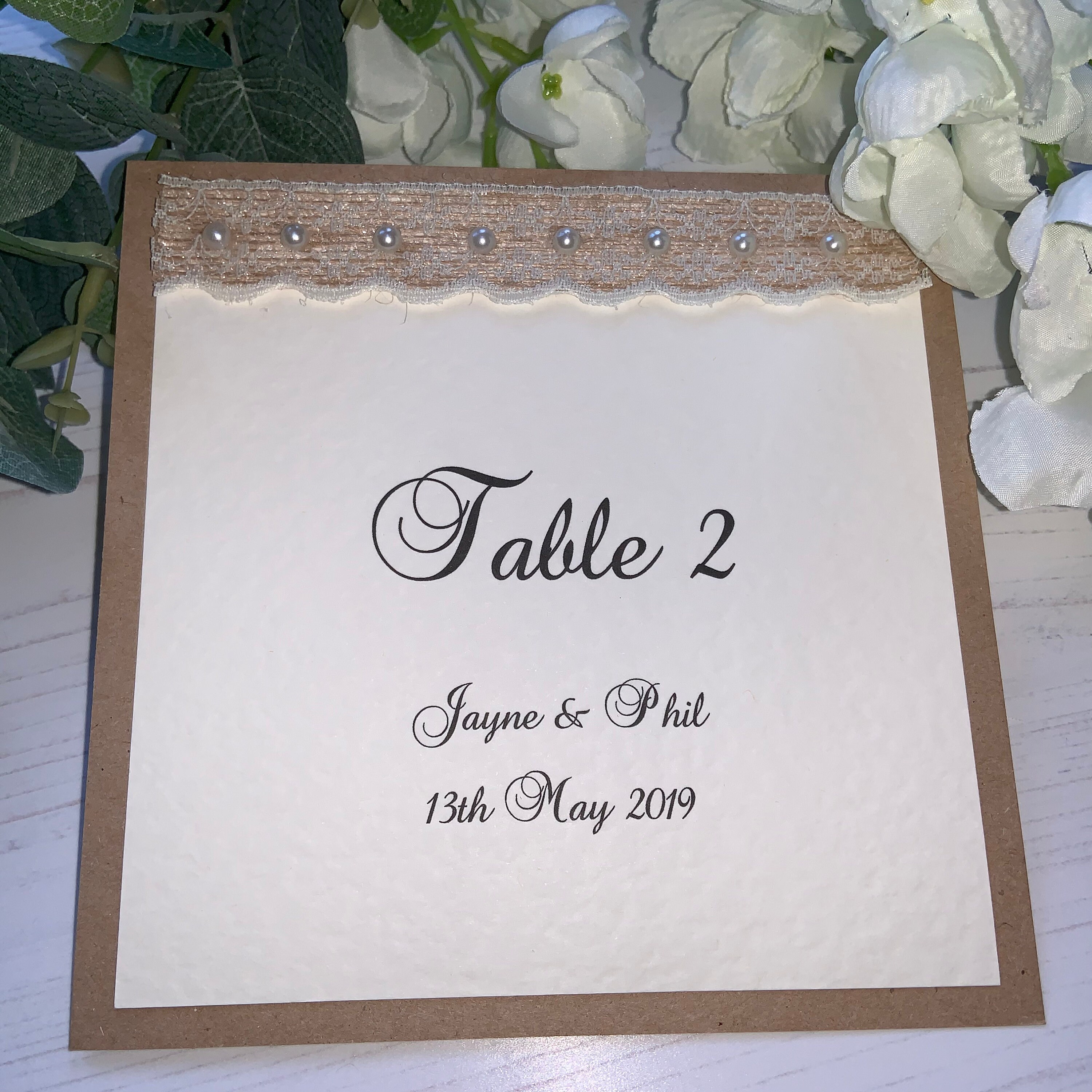 Table Number Name Cards Rustic Style with Pearls Lace Hessian