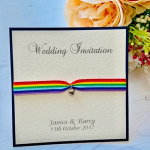 LGBT Wedding Invites - Rainbow Ribbon with Silver Heart Charm (Navy) with Envelope -Navy