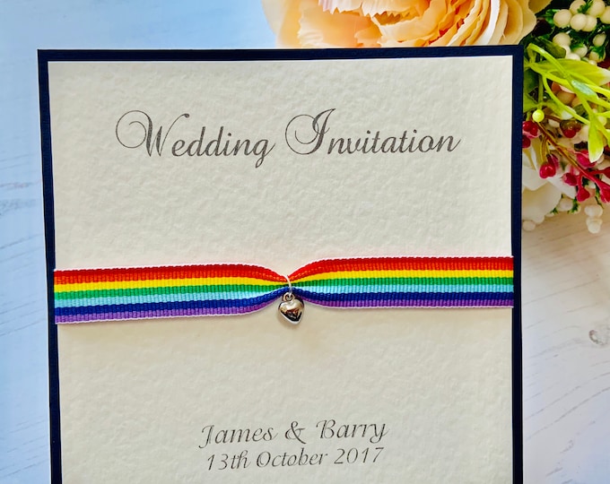 LGBT Wedding Invites - Rainbow Ribbon with Silver Heart Charm (Navy) with Envelope -Navy