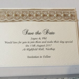 Save The Date Wedding Cards Rustic Burlap Hessian with Vintage Lace & Pearls The Rustic Collection image 3