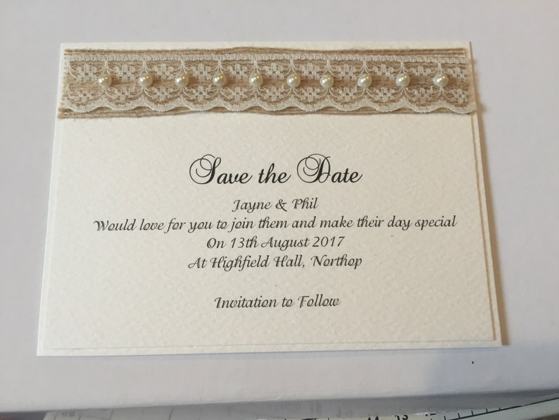 Save The Date Wedding Cards Rustic Burlap Hessian with Vintage Lace & Pearls The Rustic Collection image 3