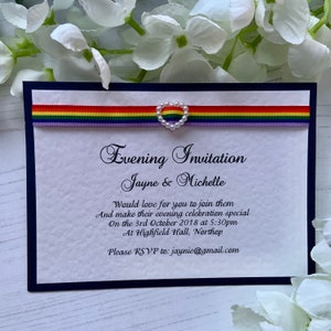 10 x convites de casamento LGBT - controle deslizante de fita e coração de pérola - faixa romance - personalizado com envelopes - muitas cores disponíveis