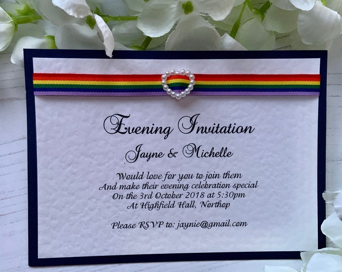 10 x LGBT Wedding Invites - Ribbon and Pearl Heart Slider - Romance Range - Personalised with Envelopes - Many Colours Available