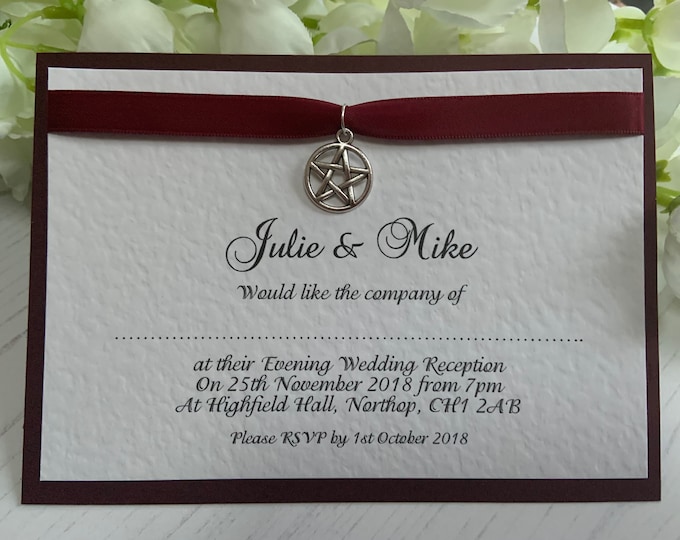 Wedding Invitations - A6 Postcard Style - Blood Red and Claret with Pentagram Charm - Gothic/Mythical/Wicca