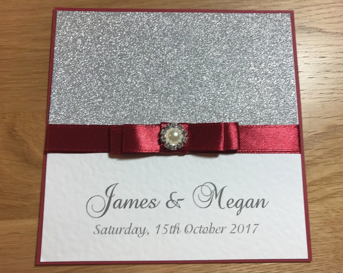 10 Wedding Invites - The Sparkly Collection - Silver Glitter Card with Claret Ribbon & Bow with Pearl Button Embellishment (Pack of 10)
