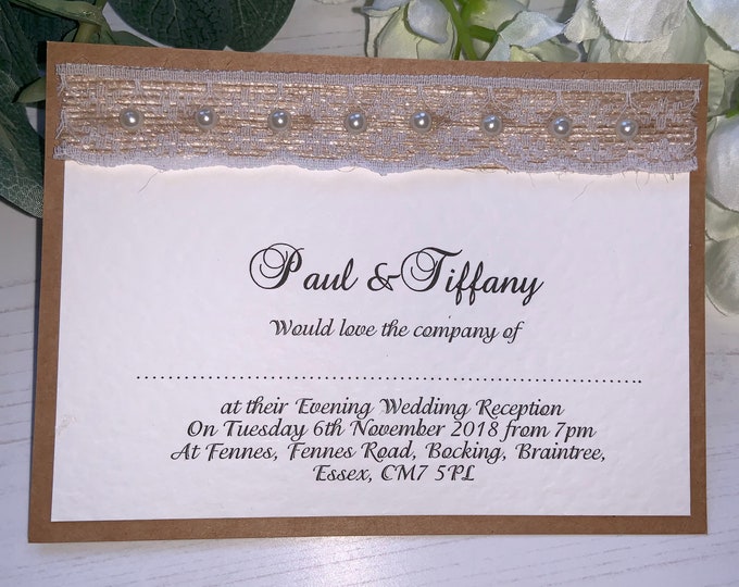 Rustic Wedding Invites - Hessian with Vintage Lace & Pearls - The Rustic Collection