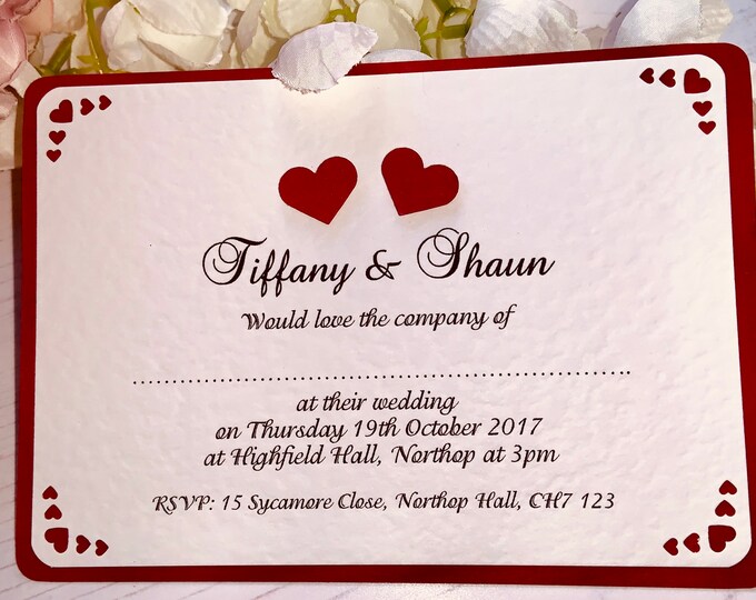 Wedding Invitations - A6 Postcard Style - Burgundy Hearts - Romantic Collection