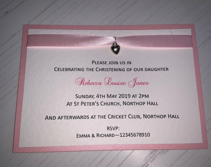 Christening/Naming Ceremony Invites - Girl - Silver Heart Charm - Flat Postcard Style - Handmade